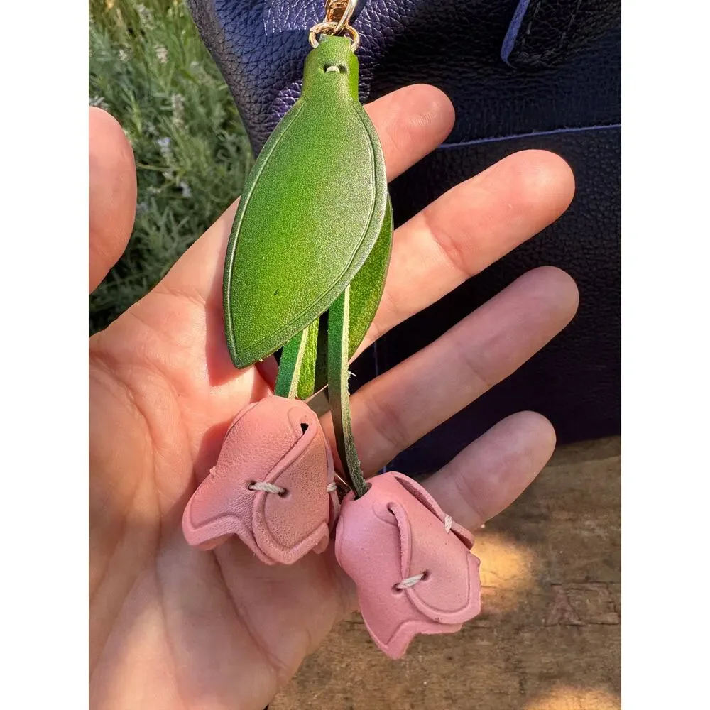 Genuine Leather Pink Tulip Bag Charm Tulip Spring Pink Flower Leather Charm